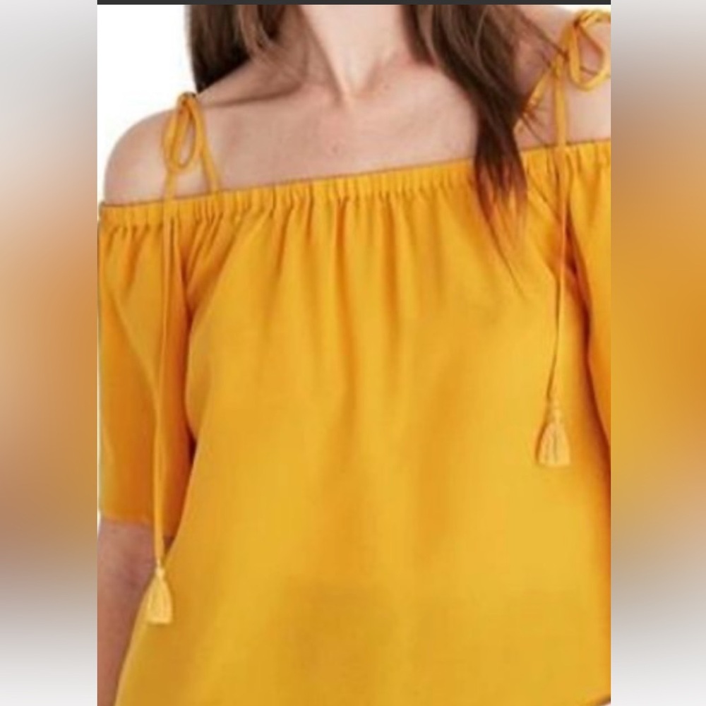 Madewell Yellow off the shoulder top with ties 100% silk in size M